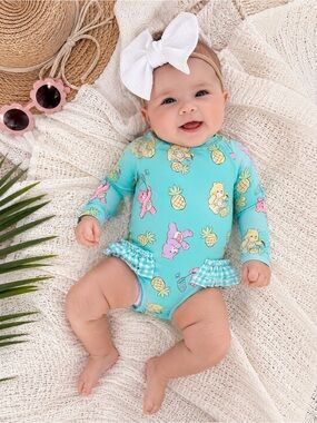 Kids Long-Sleeve Ruffle One-Piece Swimsuit - Aqua Pineapple & Bears